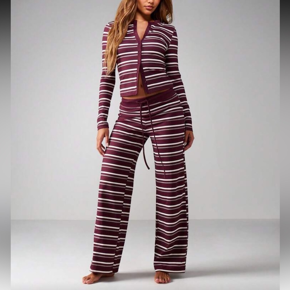 2 piece matching lounge set - burgundy & white striped cardigan & pants set